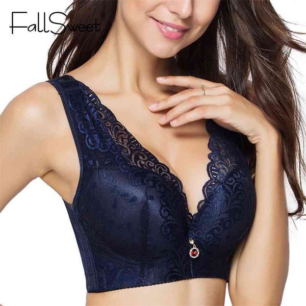 FallSweet Drahtloser BH, große Größe, Push-Up-Büstenhalter für Damen, Weste, Spitze, Übergrößen-BHs 32 bis 50, Weiß, Schwarz, 210728