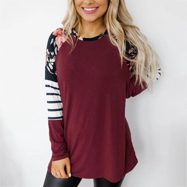 

women's t-shirt autumn t-shirts stripe print splicing loose long sleeve o neck casual ladies tees shirts, White