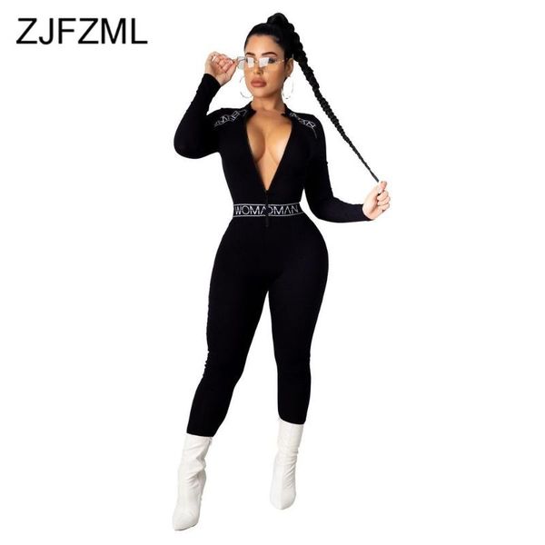 

women's jumpsuits & rompers elastic hight ribbed womens jumpsuit fashion deep v neck full sleeve bodycon bodysuit streetwear letter pri, Black;white