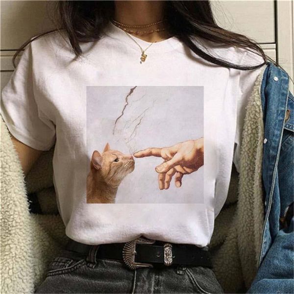

cat funny t shirt female hands casual michelangelo fashion t-shirt ulzzang kawaii women tshirt grunge harajuku tee, White