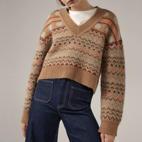 

2021 new autumn winter women sweaters warm short v-neck vintage pullovers striped lady sweater long sleeves elegant outwear biw0, Black;white