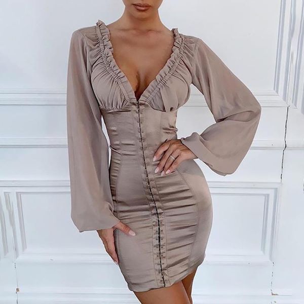 

casual dresses ucnye mesh see-through dress long sleeve deep v neck elegant draped mini bodycon women chiffion vestidos, Black;gray