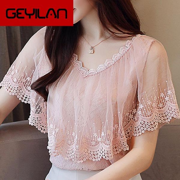

women's blouses & shirts women and summer lace blouse shirt fashion 2021 short sleeve female blusa feminina 0788 30, White