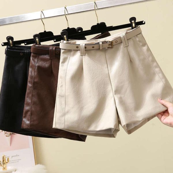 

women's shorts pu leather for women autumn winter loose casual apricot black faux wide-leg biker with belt c6699, White;black