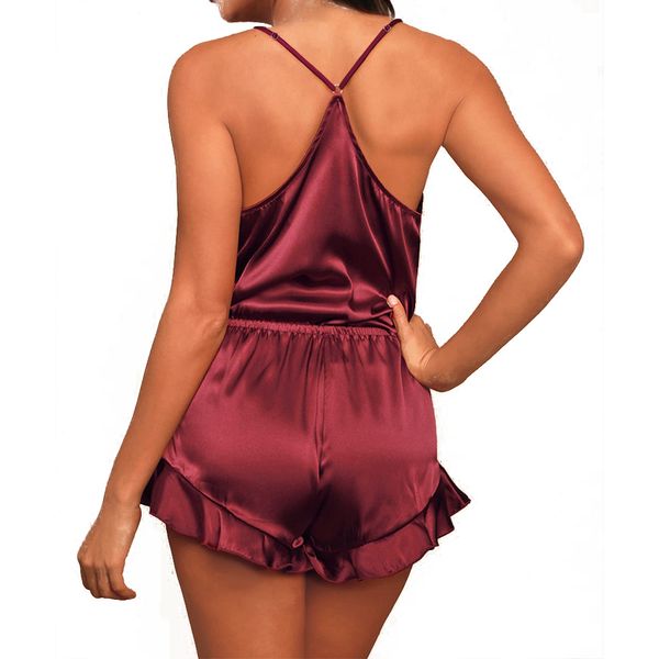 

summer satin silk pajamas set casual cute solid color camis high waist ruffle loose shorts underwear sleepwear homewear, Black