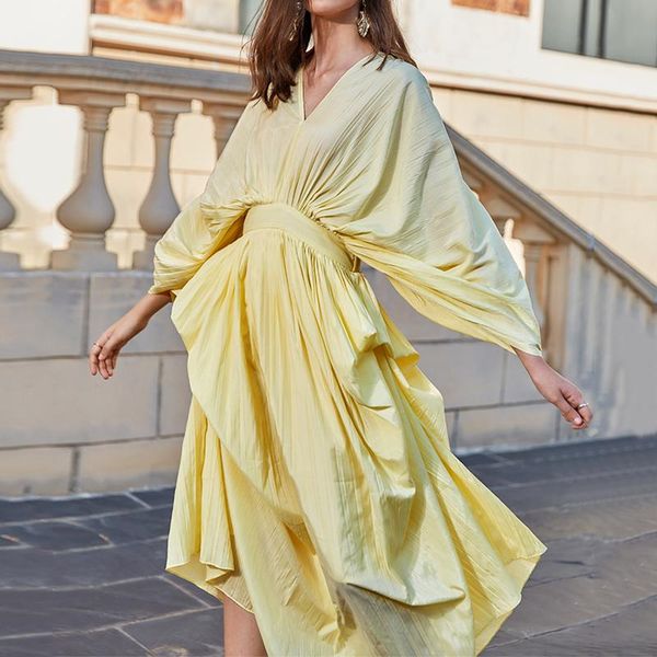 

casual dresses ruched summer dress female v neck lantern long sleeve high waist irregular hem women fashion clothes, Black;gray