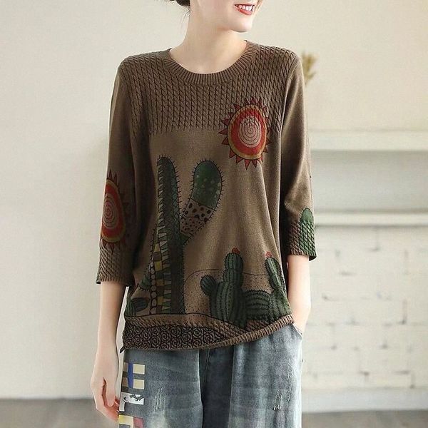 

threaded round neck pullover three-quarter sleeve retro literature and art sweater women spring and summer loose large size cactus print t2o, White;black
