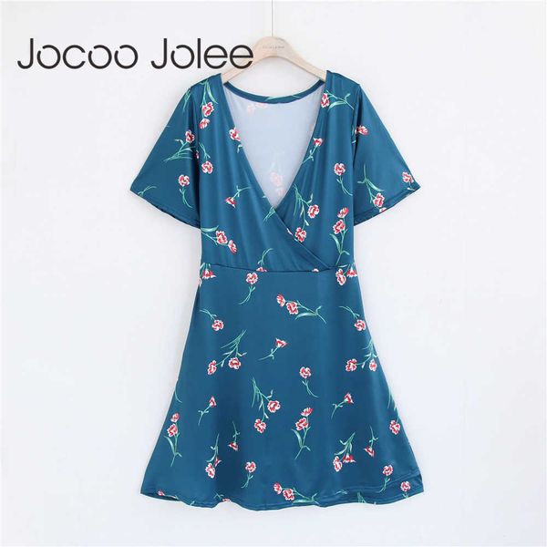 

jocoo jolee arrival summer women's v-neck floral print ruffle short sleeve asymmetric party short dress 210619, Black;gray