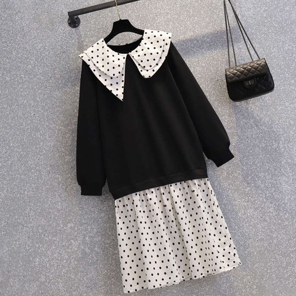 

new product fat mm2021 double neckline stitching fake two pieces dress loose cover meat large medium length skirt, Black;gray