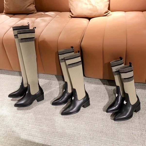 

women designer boots knee half boot designers cotton fabric thick heels shoes fashion shoe winter fall with box eu:35-41 by shoe02 02, Black