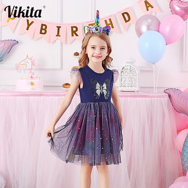 Vikita toddlers verão tule vestidos meninas borboleta vestido crianças vestido dos desenhos animados para meninas coração estrela licorno tutu vestidos 210303