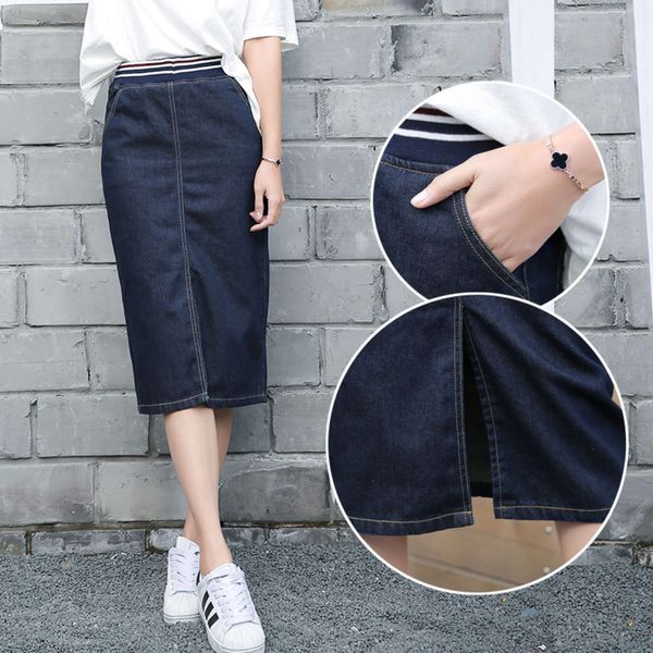 

women's summer buttock elastic waist split length denim skirt, Black