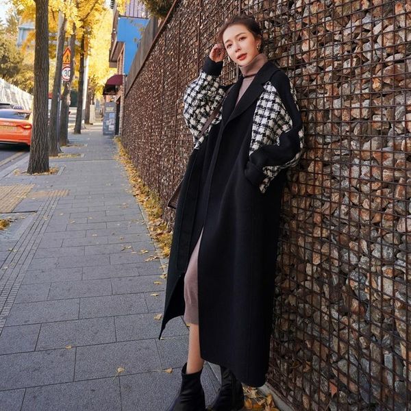 

women's wool & blends [ewq] autumn winter versatile medium long temperament korean loose plaid spliced lace up waist woolen coat female, Black