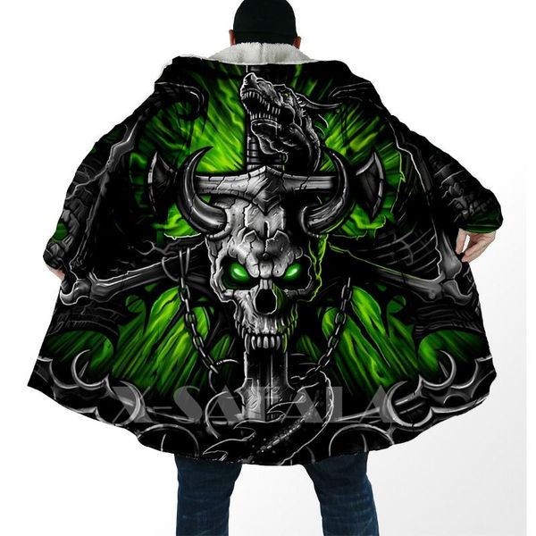 

men's wool & blends trippy grim reaper all over 3d printed overcoat thick warm hooded cloak coat for men windproof fleece unisex, Black