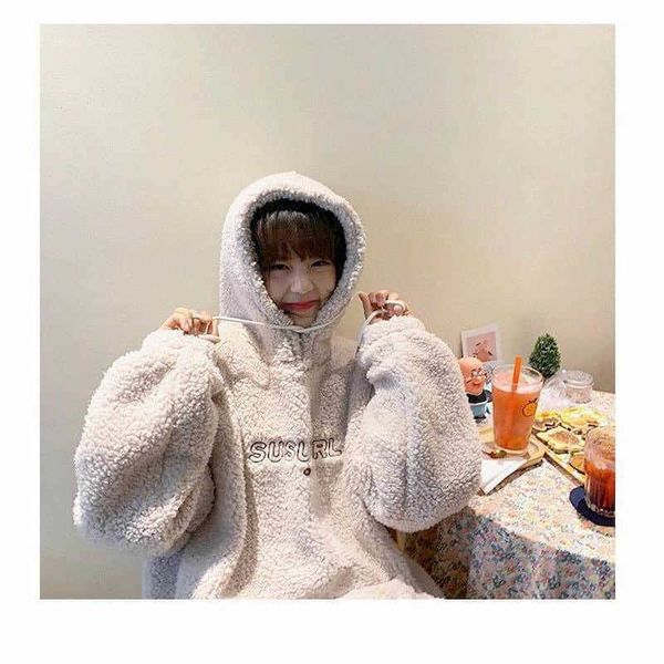

faux lamb velvet hoodie women autumn winter plus thickened girlfriends solid color thick student sweatshirt warm 210526, Black