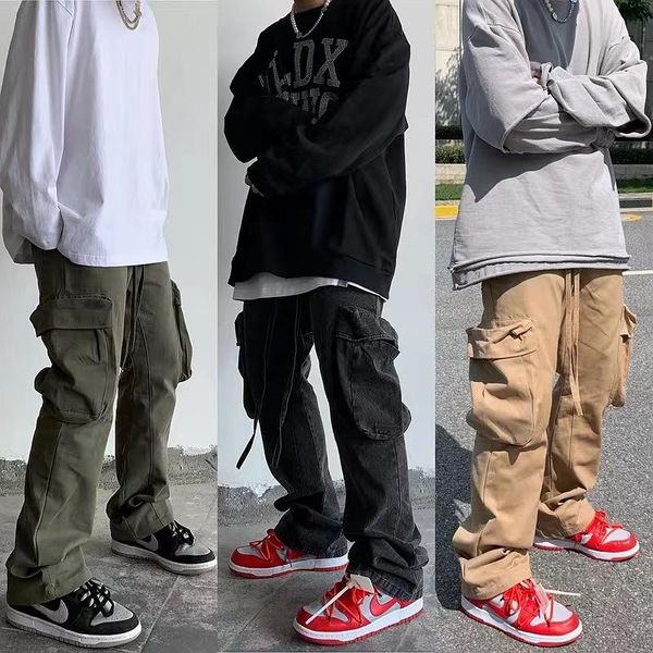 

men's jeans harajuku side pockets streetwear flare pants mens drawstring straight washed baggy cargo hip hop loose casual trousers, Blue