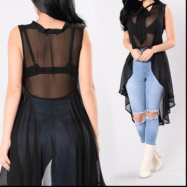 

new fashion womens sleeveless blouse 2021 solid color transparency loose casual summer sheer long blouse streetwear, White