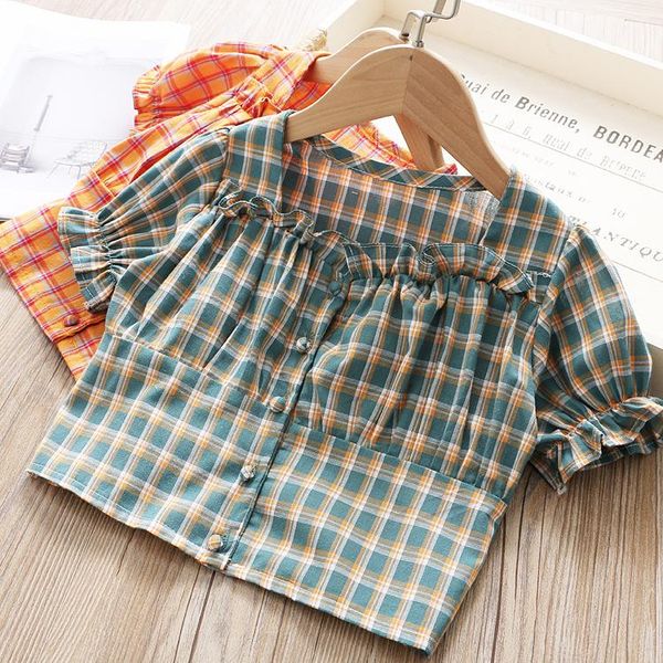 

2021 summer baby girls personality short square neck plaid shirt, White;black