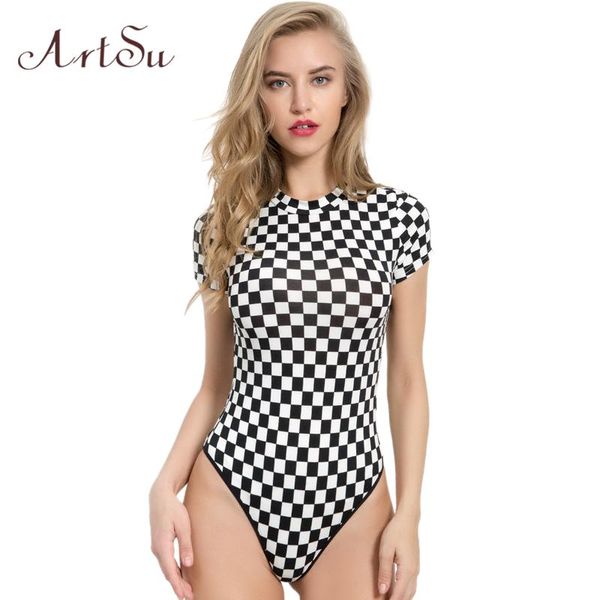 

women's jumpsuits & rompers women bodysuit cotton plaid short sleeve streetwear o-neck black bodycon female body romper jumpsuit asju41, Black;white