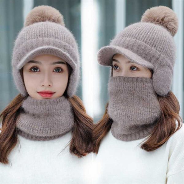 

brand winter knitted beanies hat thick warm beanie skullies hat female knit ear caps pompom outdoor riding sets 211119, Blue;gray