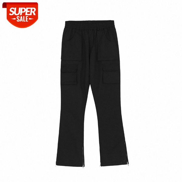 

vibe style zipper slit multi-pocket micro-flared trousers men's loose casual #0d6e, Black