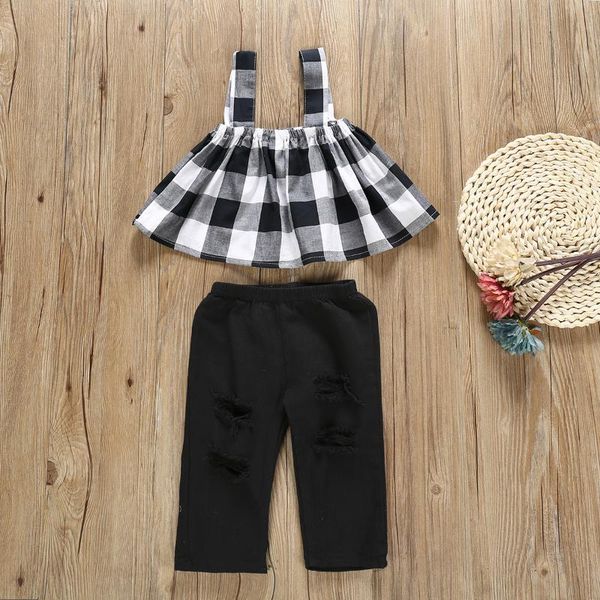 

clothing sets kids girl fashion camis pants 2pcs outfit set sleeveless plaid ripped for children baby, White