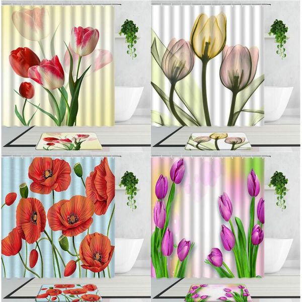 

shower curtains tulip poppy flowers watercolor beautiful plants floral bath bathroom curtain set non-slip carpet mats home decor