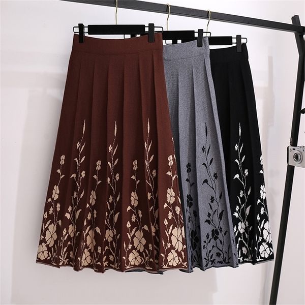 

floral knitted long pleated female plus large size korean oversized vintage women's skirts woman clothes lady trendy d0430 210310, Black