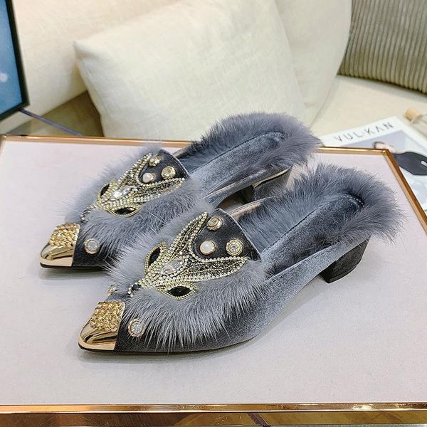 

slippers 2021 autumn and winter fur women's outer wear baotou half thick heel shoes women mules lazy, Black
