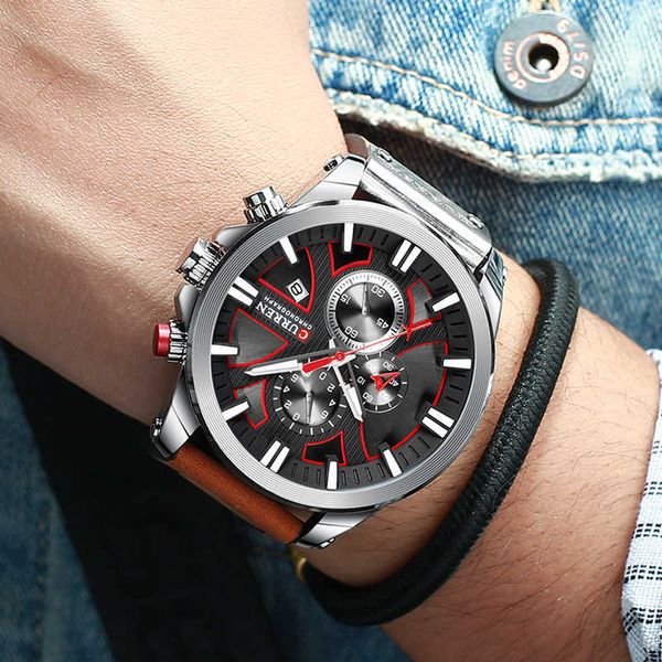 

men watch wrist curren brand luxury leather quartz clock fashion chronograph wristwatch male sport relojes hombre 210527, Slivery;brown