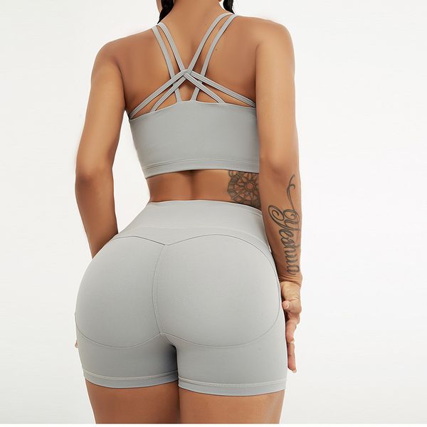 

zechuang cross sling back sports bra peach hip tight yoga shorts sports fitness suit, Gray
