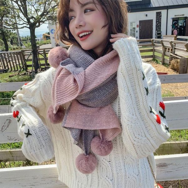 

hats, scarves & gloves sets scarf women korean color matching cute wool ball winter knitted dual-use shawl double-sided warm student bib, Blue;gray