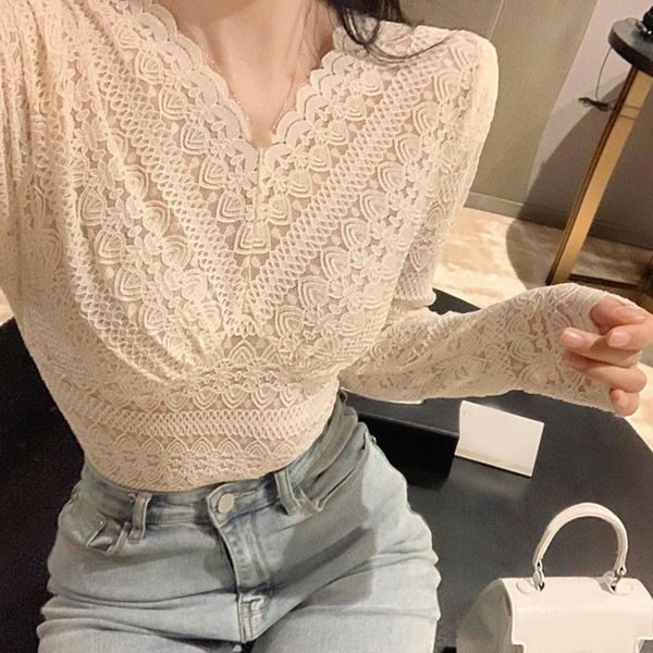 

women lace blouses shirts solid color long sleeve v neck slim blouse for women waist tight hollow out lace shirts top, Gray