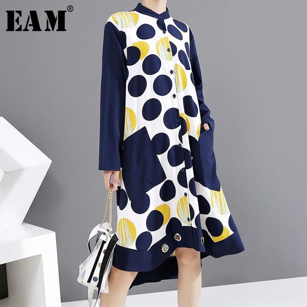 

casual dresses [eam] women blue pattern printed big size dress stand collar long sleeve loose fit fashion tide spring autumn 2021 1y929, Black;gray