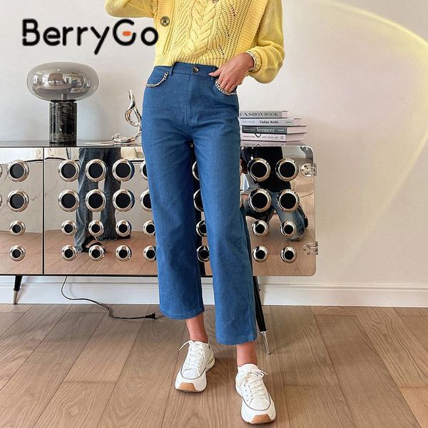 

women's pants & capris berrygo autumn winter metal chain sweatpants women high waist wide leg female elegant solid pocket jeans 2021, Black;white