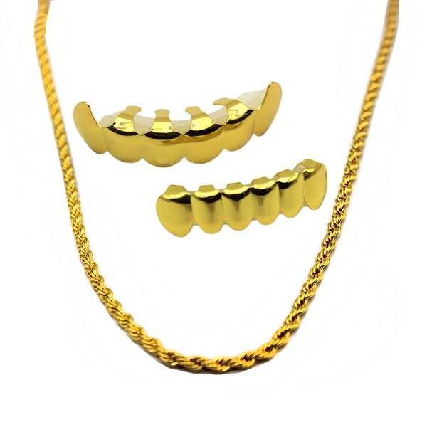 

new gold plated hip hop teeth grillz caps & bottom vampire grill set with 6mm golden rapper's chain necklace, Black