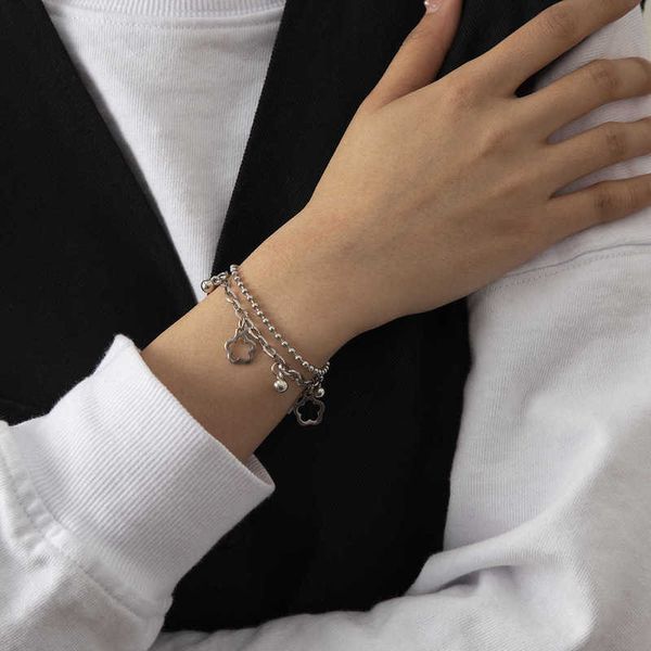 

stainls steel double-layer bracelet fashion personality street hollow out flower pendant net red lovers hand accsori, Golden;silver