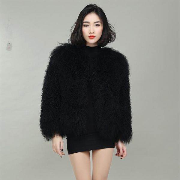 

women's fur & faux style female wool clothes mongolia sheep coat beach, Black