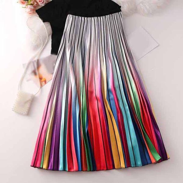 

skirts metallic silver multicolor rainbow stripe pleated skirt elastic waist a-line women printed, Black