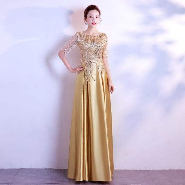 

bling sequins stripe lady evening dress o-neck hollow out half sleeve choir show floor-length gown elegant slim satin skirt, Red