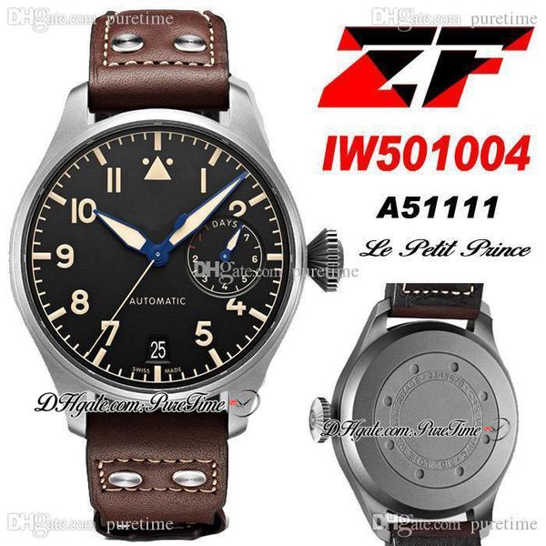 ZF Heritage A52110 Automatic Power Reserve Mens Assista Titanium Aço 501004 46mm Big Black Dial Brown Strap Puretime Super Edition Watches N101