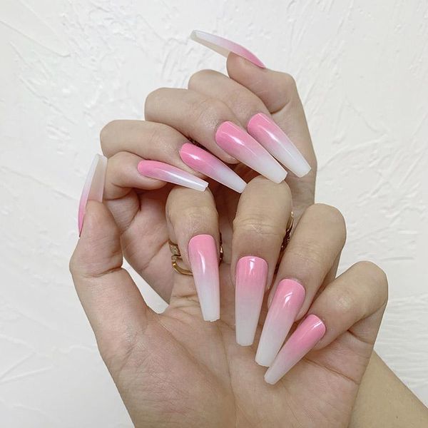 

false nails 24pcs long press on fake coffin gradient powder color wear with glue wearable full cover nail tips, Red;gold