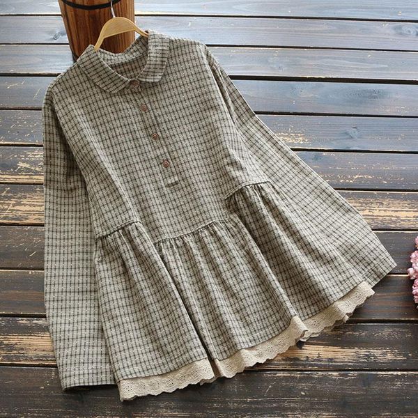 

women's blouses & shirts 7591 spring women blouse literary vintage cotton and linen plaid shirt turndown collar long sleeve loose pullo, White