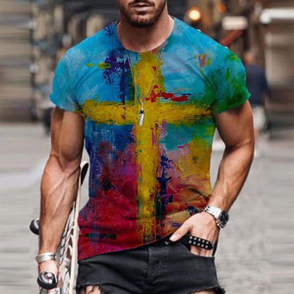 

2021 spring new vintage cross painting tee shirts men's fashion casual short sleeve summer o-neck loose male streetwears zdco, White