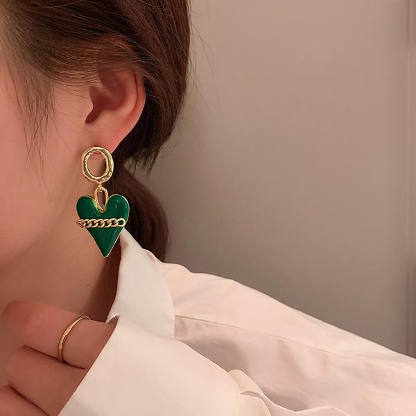 

stud oil drop heart green fashion earrings, Golden;silver