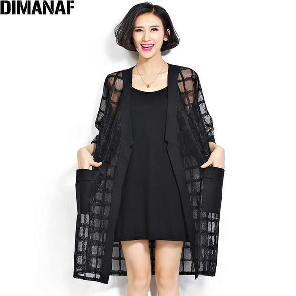 Plus Size Chiffon Casaco Estilo Verão Moda Mulheres Vestuário Grande Tamanho Preto Manta Impressão Solta Meia Manga Senhora Longo Cardigan 210721