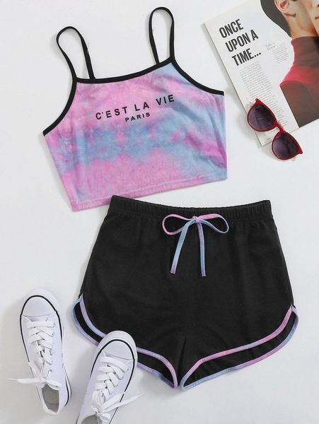 

contrast binding letter graphic tie dye cami & track shorts set m4g2#, White