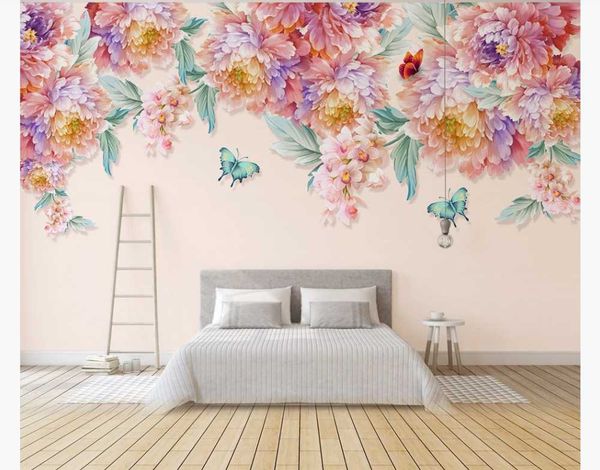 

custom p wallpaper mural modern high-definition hand-painted small fresh rose butterfly bedroom mural