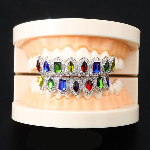 

new hip hop ice out coloured teeth grillz set gold and silver-plated a++ cz stone & bottom teeth for man women gift, Black