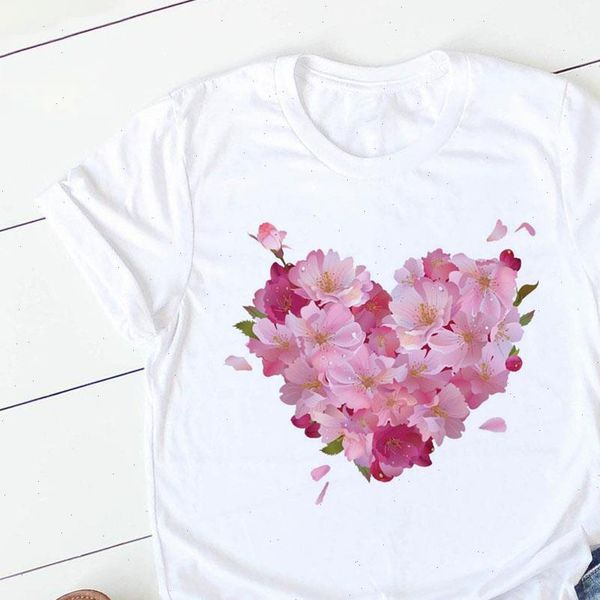 

womens t shirt pink heart flower print casual o neck t shirt girl ladies streetwear harajuku t shirt kawaii graphic aesthetics, White